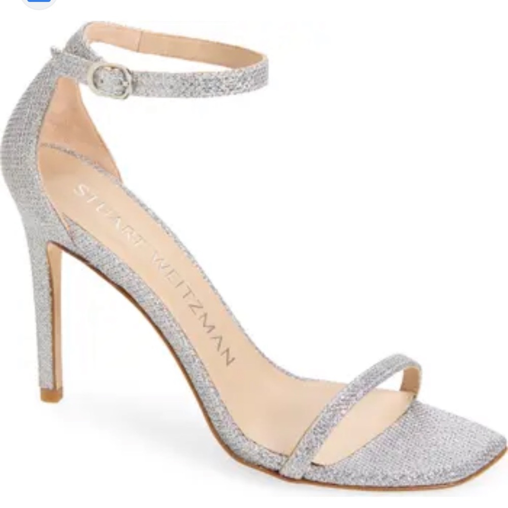 $495 Stuart Weitzman Platino Silver Nudistcurve Ankle Sandal heels women size 11